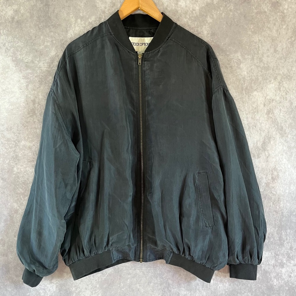 Stock Options Silk Bomber Jacket Mens Large Black Vintage Full Zip Lightweight